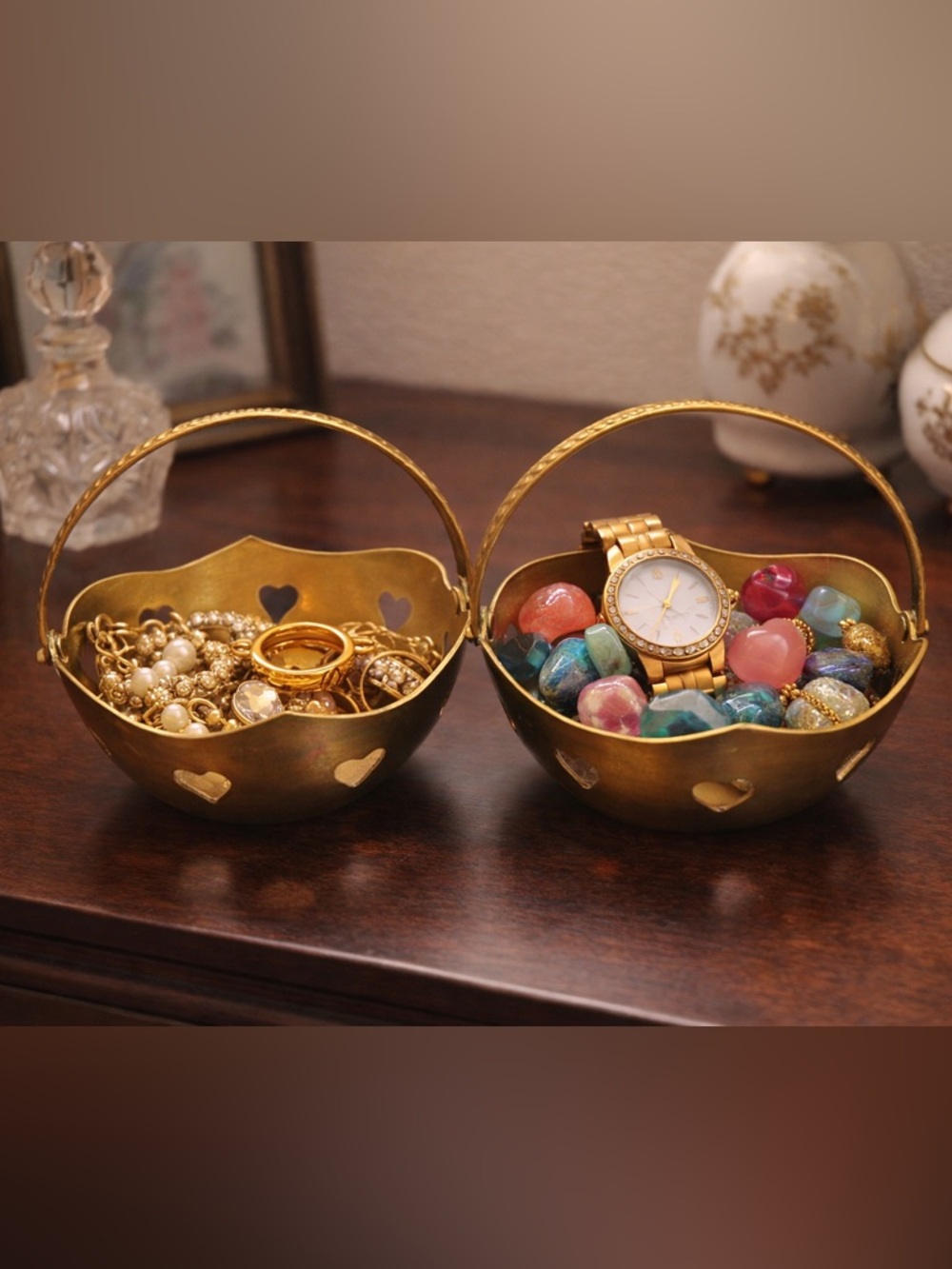 Vintage‎ Brass Heart Cutout Decorative Basket Set Trinket Holder Storage